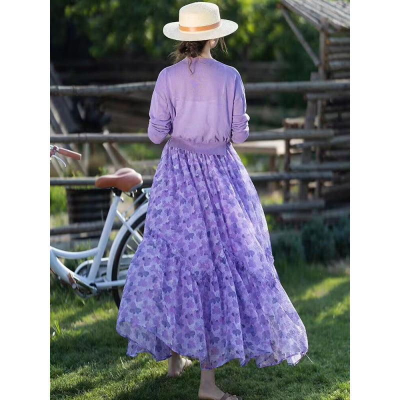 Literary and retro skirt women's  summer new fashion romantic ruffle edge purple versatile skirt