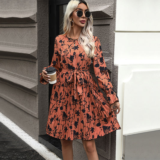 LOVEVOP cross-border foreign trade new lace-up pleated skirt printed long-sleeved dress loose leopard print fashion women's dress