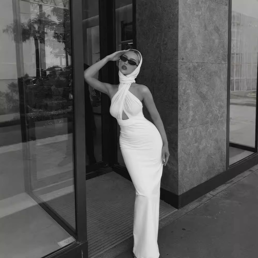 LOVEVOP popular Autumn Elegant Ladies Black White Slim Fit Neck Long Dress One Shoulder Halter Dress Wholesale Dress