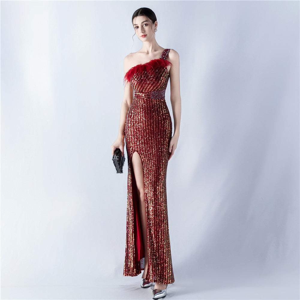 33011 #Popular trade dress heavy industry beaded hair single shoulder oblique collar high fork sequined dinner dress
