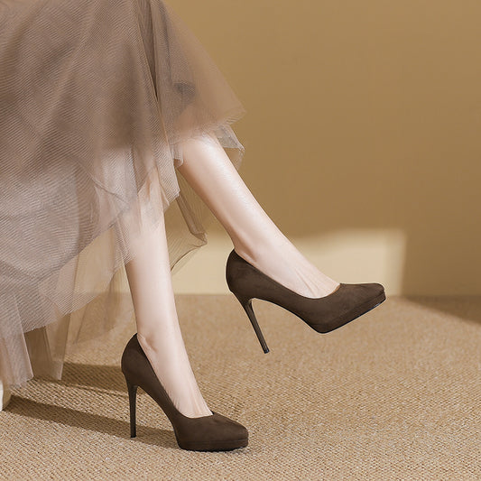 2025 106-2 Waterproof table high heels women's thin heels 2025 spring new sexy suede super high heels single shoes are not tired