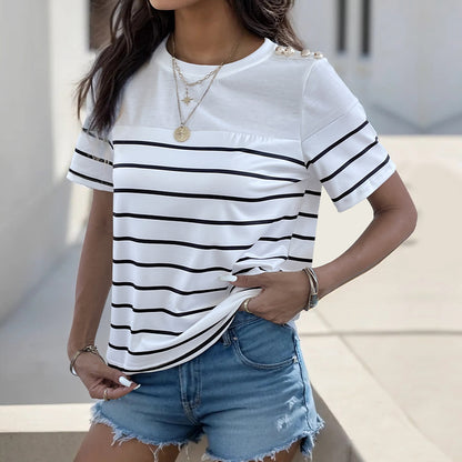 LOVEVOP 2025 New Popular trade women's clothing top simple striped round neck T-shirt summer knitted button short-sleeved T-shirt