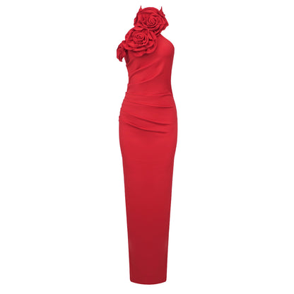 LOVEVOP  New new white streamer flower neck long high-end dress red temperament women's dress