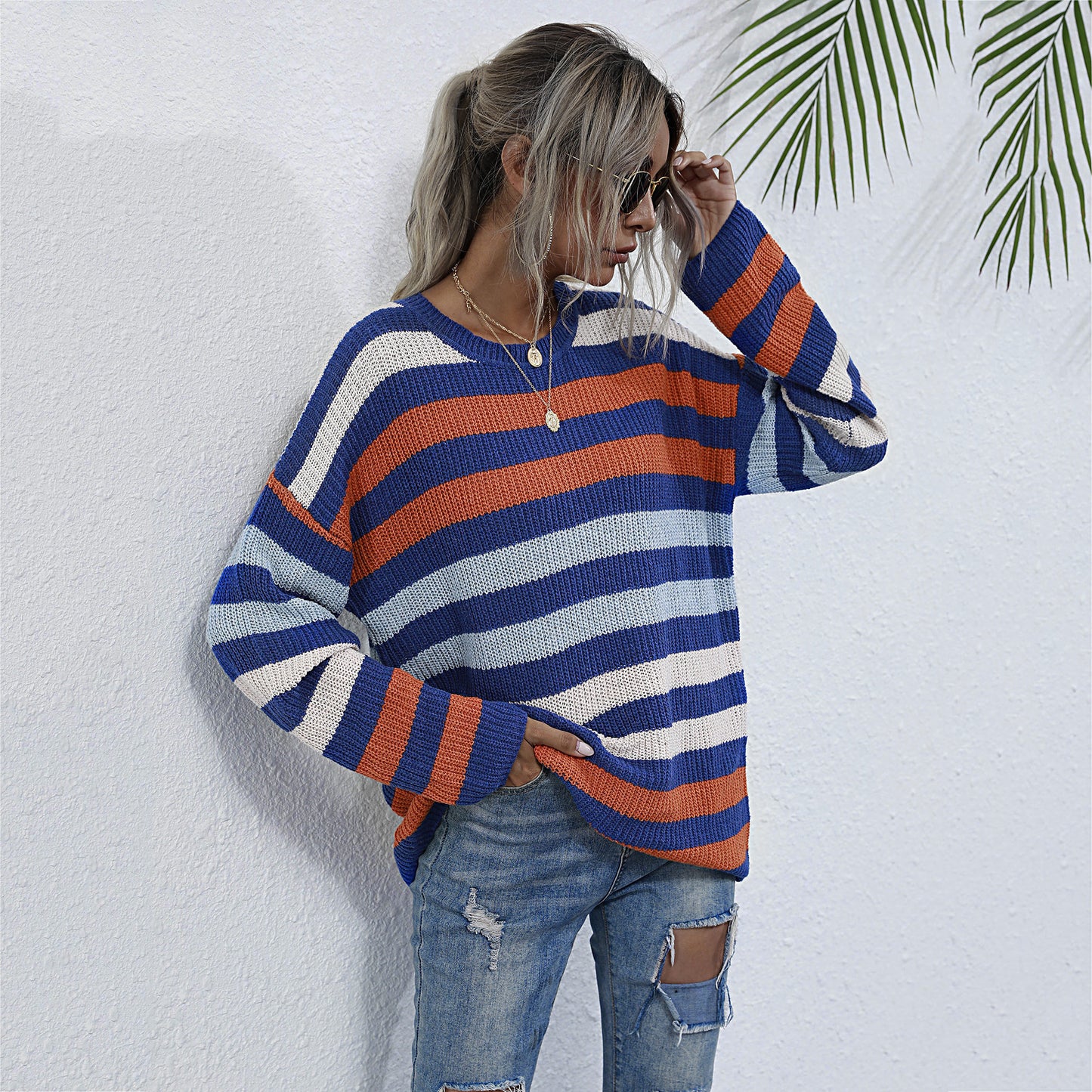 LOVEVOP popular New Women's Early Autumn Sweater 2025 Autumn Pullover Crew Neck Loose Top  Striped Knitted Sweater