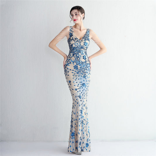 19607 #New evening dress long banquet slim evening dress temperament elegant long sequins annual meeting host
