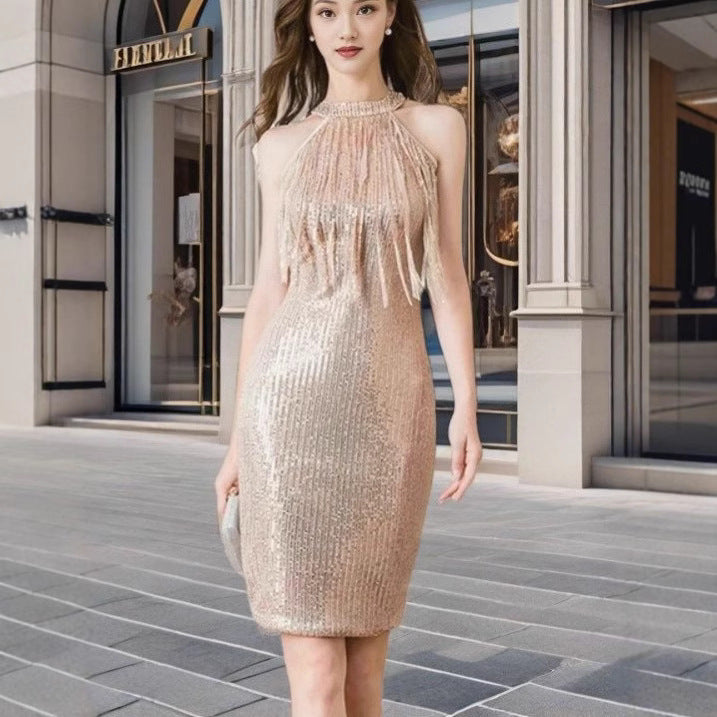 LOVEVOP 2025 sexy party neck sequined fringed dress nightclub sleeveless thin medium and long dress dress