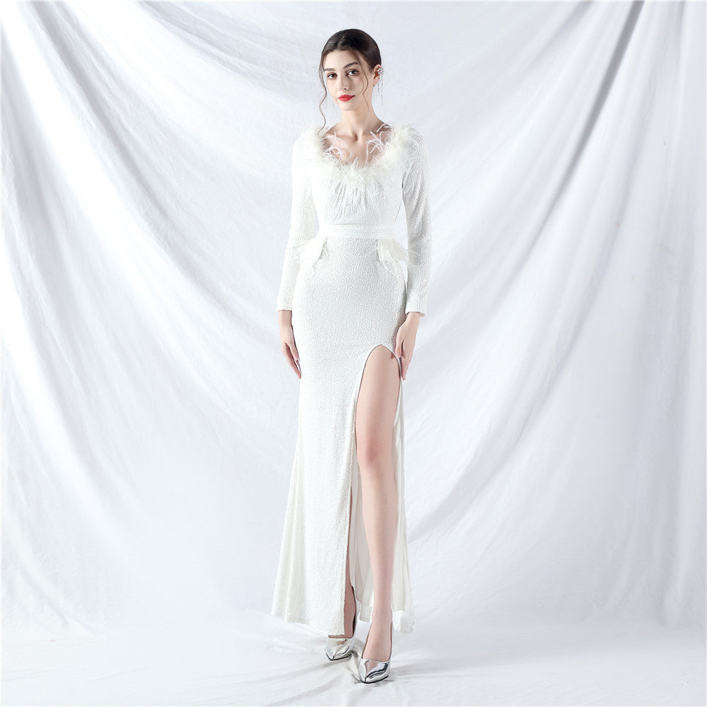31957 #Popular trade new craft order ostrich hair long-sleeved bead evening dress