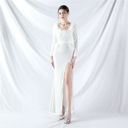 31957 #Popular trade new craft order ostrich hair long-sleeved bead evening dress
