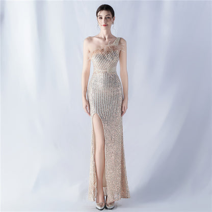 33011 #Popular trade dress heavy industry beaded hair single shoulder oblique collar high fork sequined dinner dress