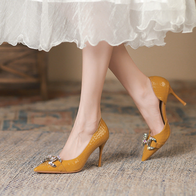 2025 966-A2 niche design texture side empty high heels rhinestone metal buckle thin heel single shoes Huidong pointed women's shoes