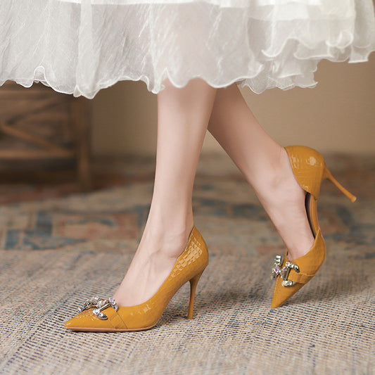 2025 966-A2 niche design texture side empty high heels rhinestone metal buckle thin heel single shoes Huidong pointed women's shoes