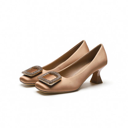 2025 6388-1 square head satin high heels women's 2025 new thin heel solid color women's shoes wear rhinestone square buckle shoes