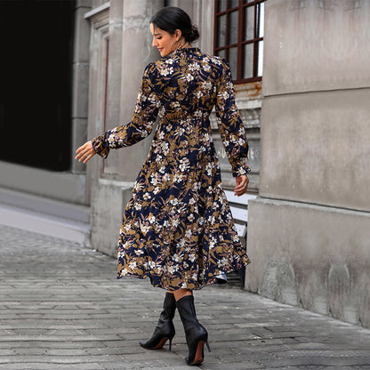 LOVEVOP 2025 cross-border Hot autumn floral temperament commuter dress retro printed women's dress V-neck fashion dress