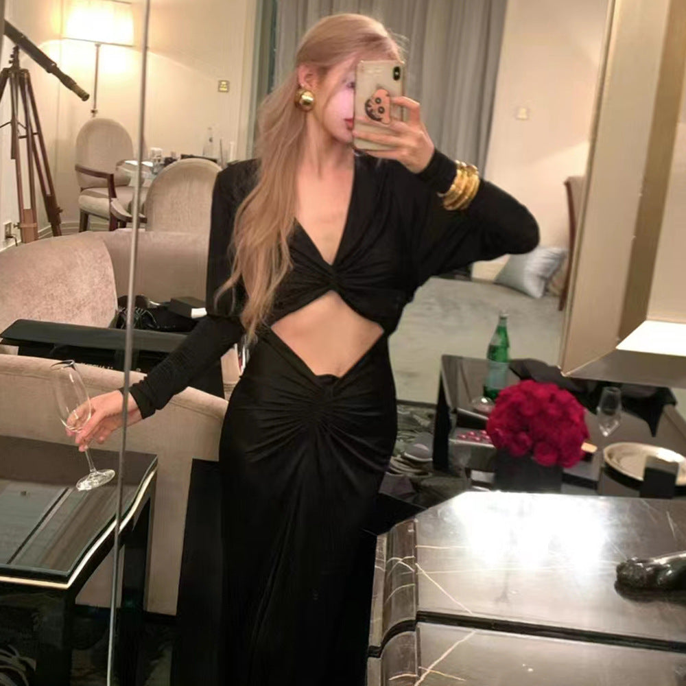 LOVEVOP Cross-border  women's clothing 2023 winter new long-sleeved kinked navel dress dress  black long