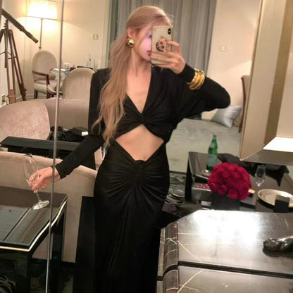 LOVEVOP Cross-border  women's clothing 2023 winter new long-sleeved kinked navel dress dress  black long