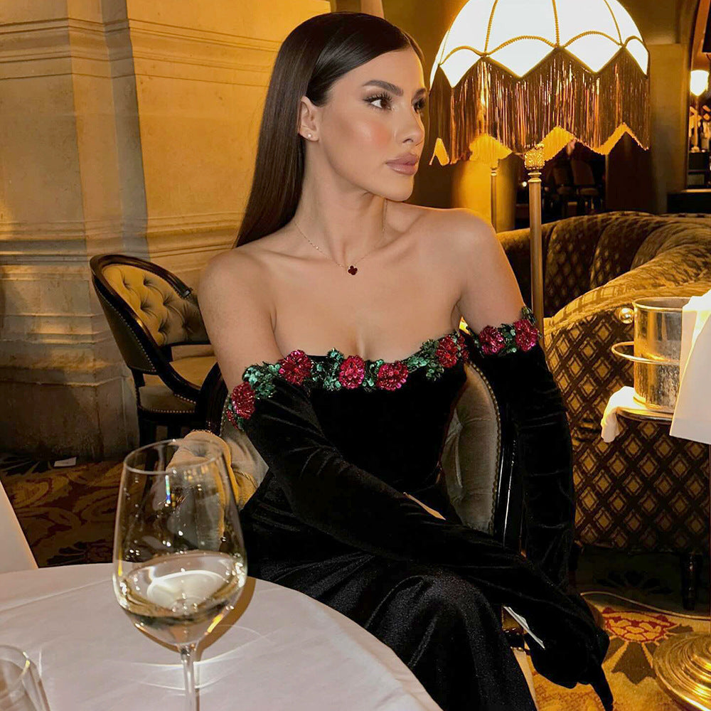 LOVEVOP Autumn and winter popular new New bead lace decorative velvet skirt  women's dress with gloves long dress