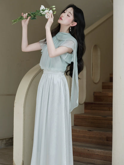 pure mint green temperament top niche designer beautiful fairy fake two tulle dress