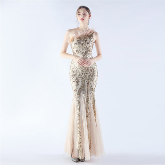 31351 #Popular trade new product 202 craft order ostrich hair mesh yarn bead piece high-end evening dress