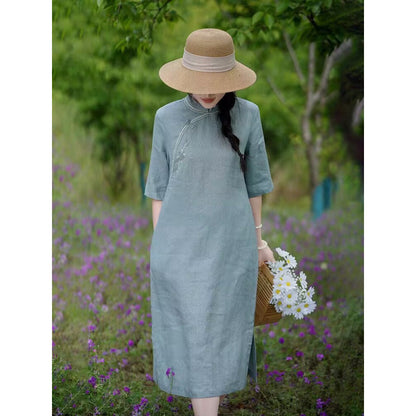 summer new literary and retro new Chinese cheongsam fashionable simple temperament exquisite embroidered cotton and linen dress