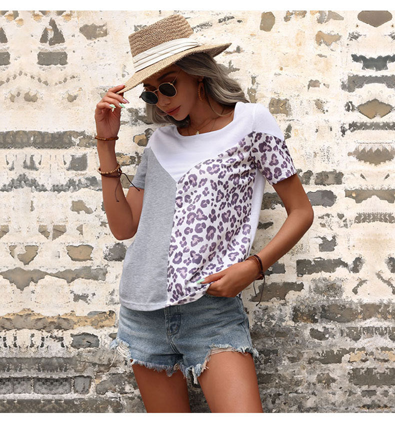 LOVEVOP New short-sleeved casual pullover t-shirt women's summer popular new leopard print color matching top wholesale