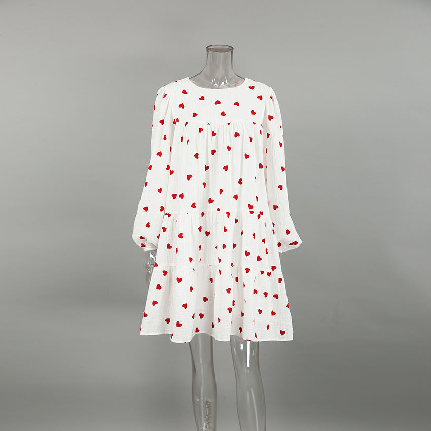 2025 fashion versatile crew neck dress women's  autumn bubble sleeve sleeve A-shaped skirt loose casual printing