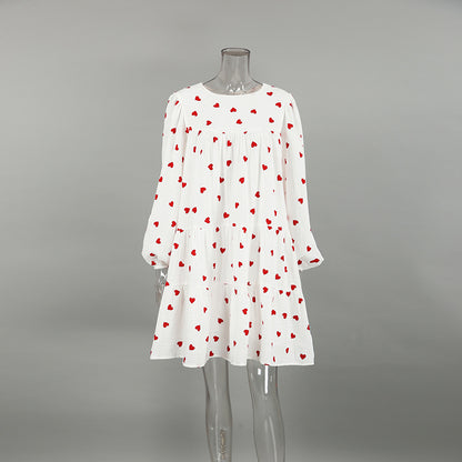 2025 fashion versatile crew neck dress women's  autumn bubble sleeve sleeve A-shaped skirt loose casual printing