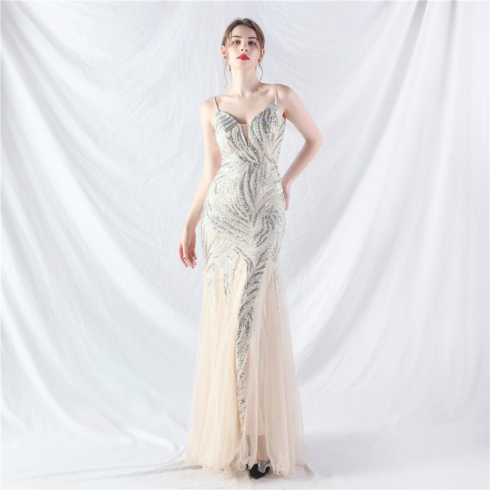 31903 #Hot trade new product laminated bead splicing mesh suspender evening dress