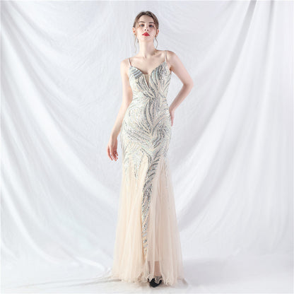 31903 #Hot trade new product laminated bead splicing mesh suspender evening dress