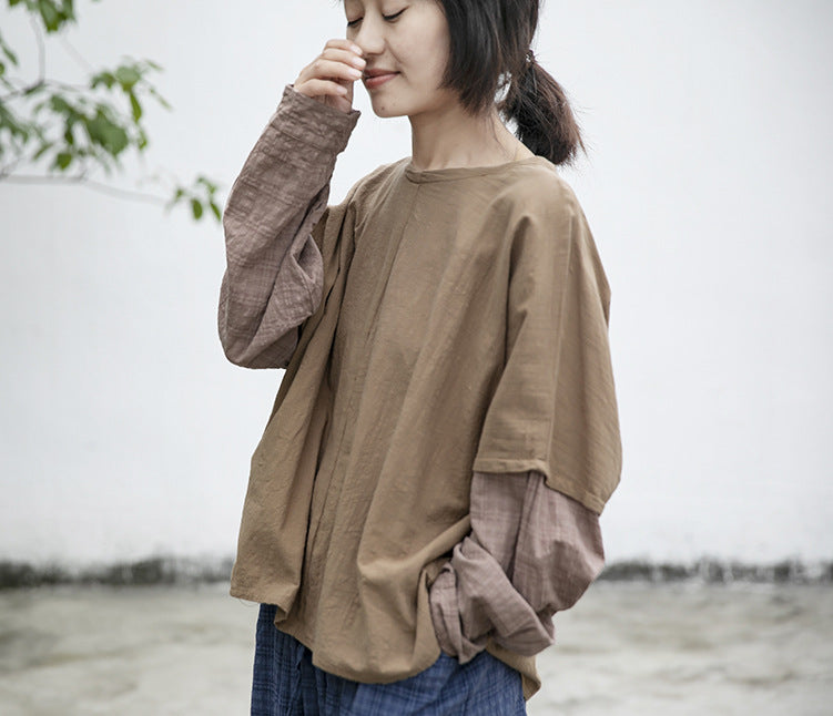 Spring and Autumn Linen Long Sleeve Cotton and Linen Loose Women's Small V-Neck T-Shirt Simple and Comfortable Khaki Sleeve Top