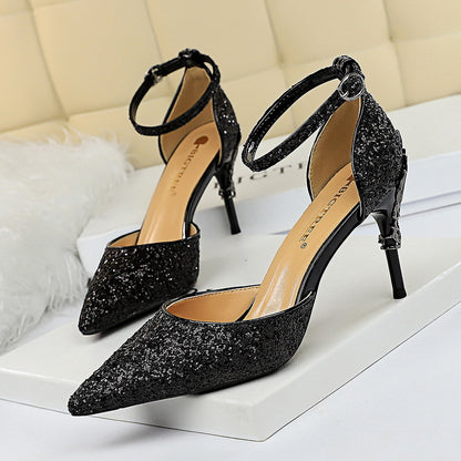 2025 283-5  style fashionable and sexy hollow nightclub showing thin metal heel high heel sparkling sequins with sandals