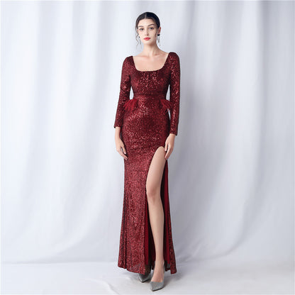31513 #Popular trade new popular craft nails ostrich beads long-sleeved evening dress