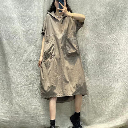 Hooded short-sleeved dress women's  summer new retro literary loose large size thin casual medium and long dress