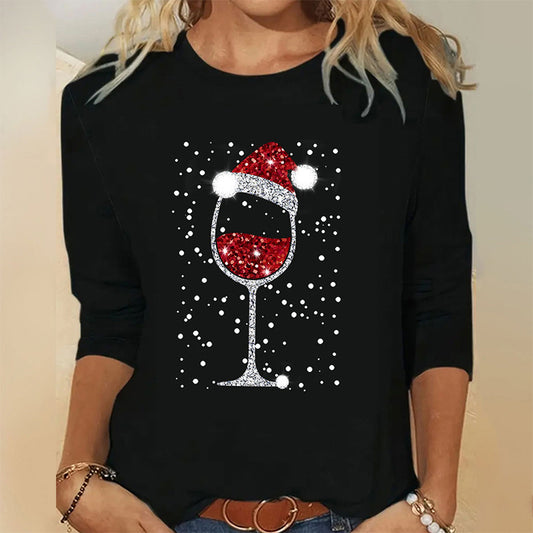 LOVEVOP Europe and the United States cross-border explosion long-sleeved round neck Christmas T-shirt Christmas essential Christmas elements women's top