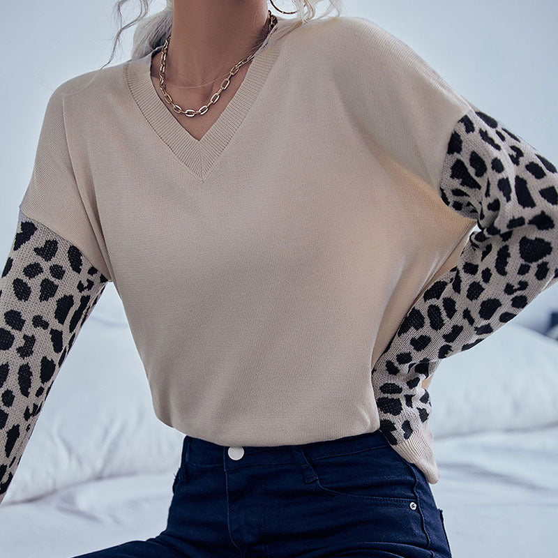 LOVEVOP Popular trade New autumn new V-neck knitted sweater pullover Popular trade splicing leopard print sweater bottoming shirt women