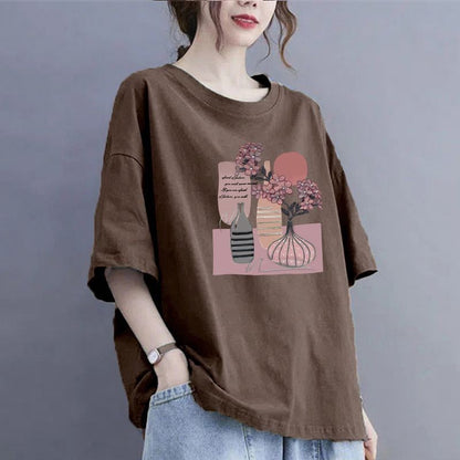 100Kg large size fat MM thin summer loose round neck T-shirt versatile short-sleeved top printed casual T-shirt women