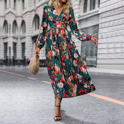 LOVEVOP independent station foreign trade pleated long dress Hot autumn new 2025 women's cross-border printing long-sleeved jumpsuit