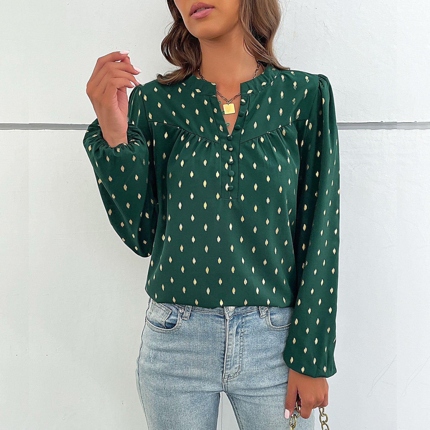 LOVEVOP Cross-border  popular spring and autumn new Popular trade 2025 commuter women's clothing long-sleeved polka dot bronzing design shirt