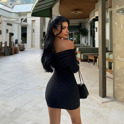 LOVEVOP 2025 style Hot cross-border new fashionable solid color pleated oblique collar slim-fitting hip-wrapped temperament small dress dress