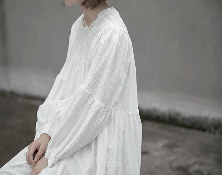 spring and autumn white lace collar, simple and elegant women's lantern sleeves, atmospheric and comfortable dress
