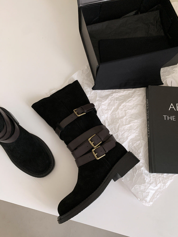 2025  Boots Maillard Travel Wear Summer Belt Buckle Pile Boots Western Cowboy Boots Tall Wasteland Boots Women