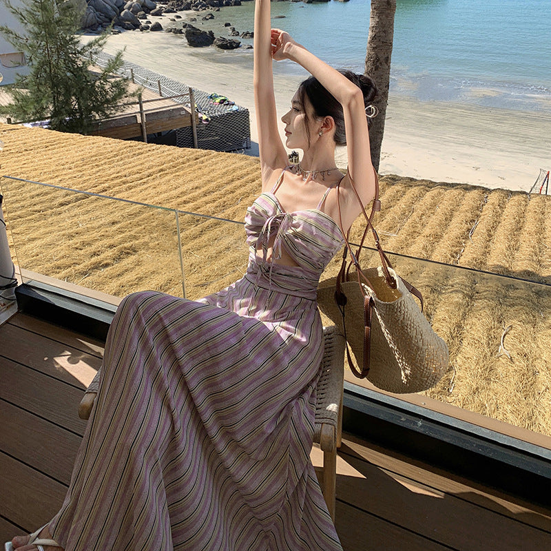 2025 Xiaohongshu same holiday style hollow lace-up high waist striped suspender dress summer seaside beach dress