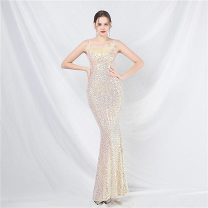 31831 #Hot Trade New Craft Ostrich Hair High-end Symphony Bead Evening Dress Banquet Party Dress