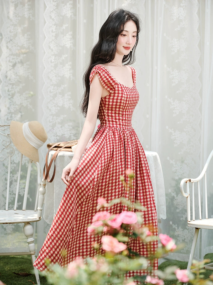 retro red plaid dress women's summer new design sense niche waist and thin sleeveless vest skirt