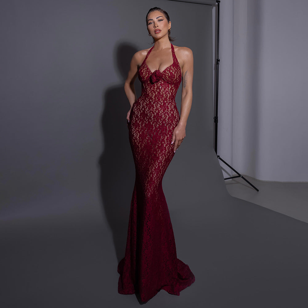 LOVEVOP popular summer suspender neck slim fit  red new lace mesh dress long dress evening dress wholesale