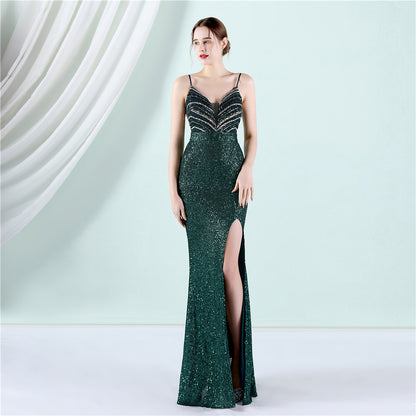 18905 #Positioning Flower Beads Celebrities Party Party Dress Sexy Long Skinny Toast Bride