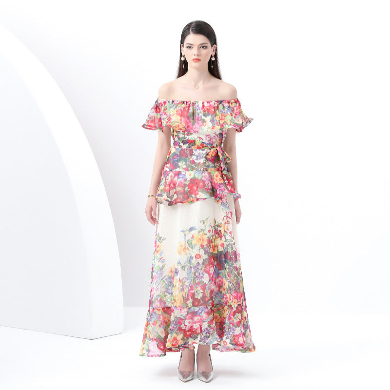 style sexy one-word shoulder chiffon printing high-end three-dimensional ruffle edge waist thin dress vacation dress