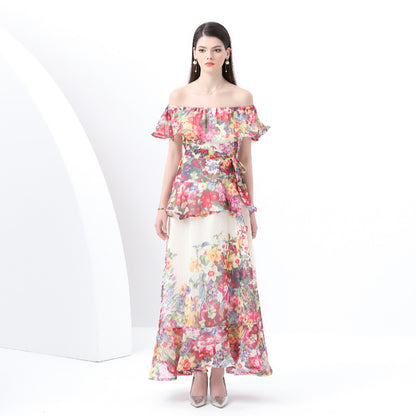 style sexy one-word shoulder chiffon printing high-end three-dimensional ruffle edge waist thin dress vacation dress