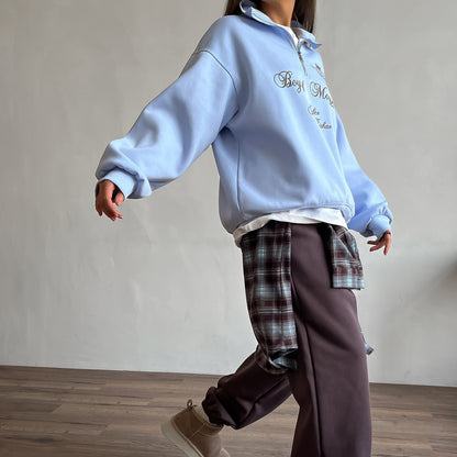 style stand-up collar zipper sweater women's n letter printing trendy ins loose long-sleeved pullover jacket spring new