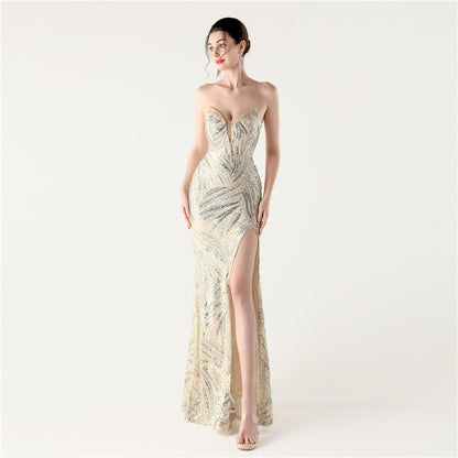 33257 #2025 New Craft Beaded Sequins Chest Wrap Slim Waist Design Dinner Party Evening Dress