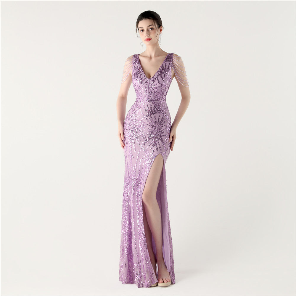 33352 #2025 New Heavy Industry Fishbone Waist Strap Deep V High Split Evening Dress, Red Carpet Dinner Host